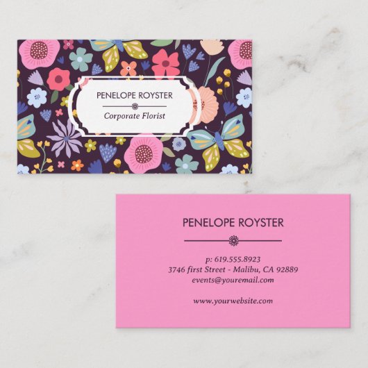 Floral Pattern Dark Plum & Mauve Business Card 名刺 (正面/裏面)