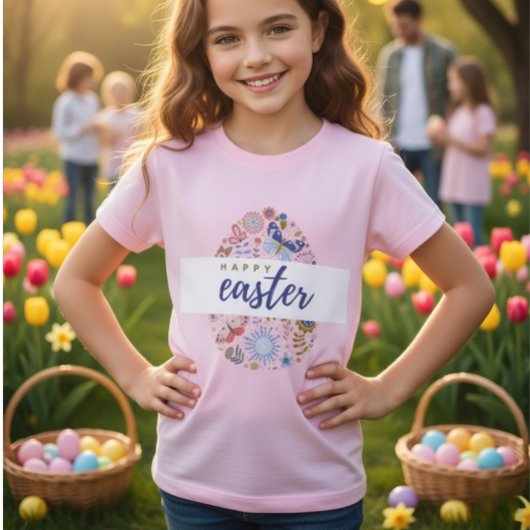 Floral Pattern Egg Happy Easter Girls T-Shirt Tシャツ