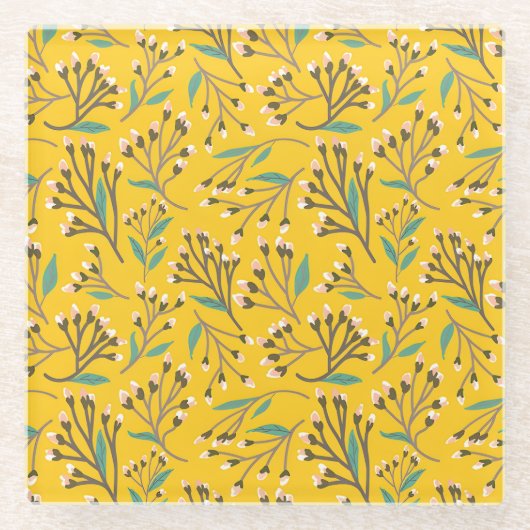 Floral Pattern in  delicate branches and buds ガラスコースター (正面)
