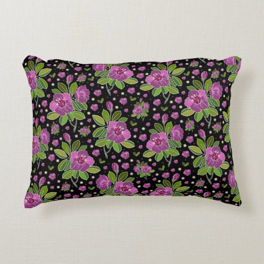 Floral Pattern Lilac Pink Green Black アクセントクッション (正面)