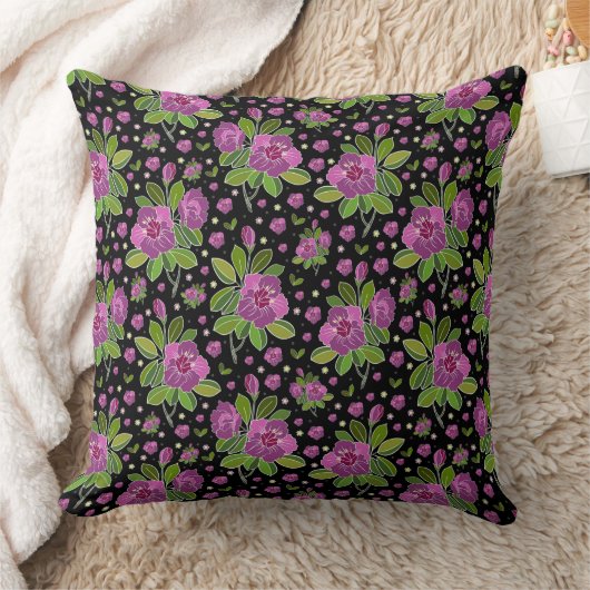Floral Pattern Lilac Pink Green Black クッション (ブランケット)