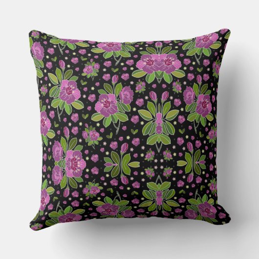 Floral Pattern Lilac Pink Green Black クッション (裏面)