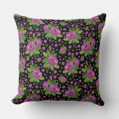 Floral Pattern Lilac Pink Green Black クッション (正面)