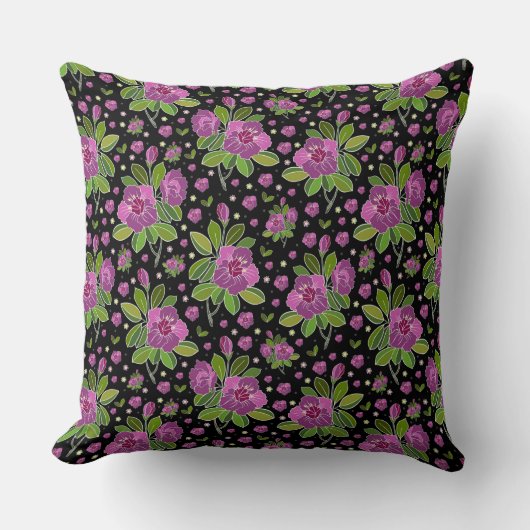 Floral Pattern Lilac Pink Green Black クッション (正面)