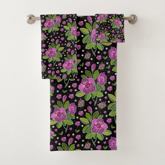 Floral Pattern Lilac Pink Green Black バスタオルセット (インサイチュ)