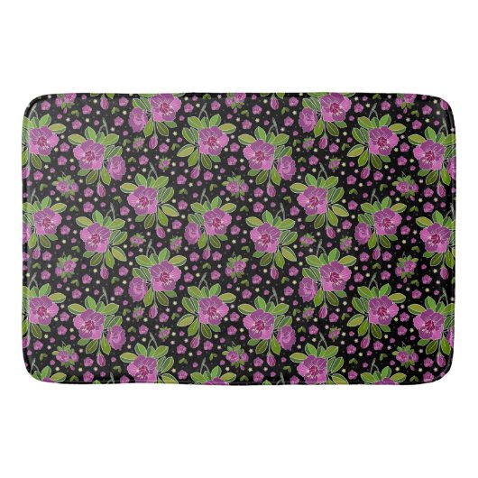 Floral Pattern Lilac Pink Green Black バスマット (正面)