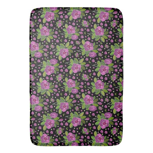 Floral Pattern Lilac Pink Green Black バスマット (正面縦)