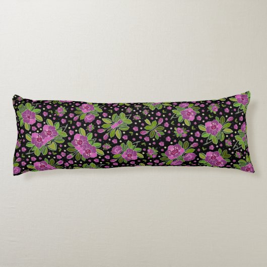 Floral Pattern Lilac Pink Green Black ボディピロー (裏面)