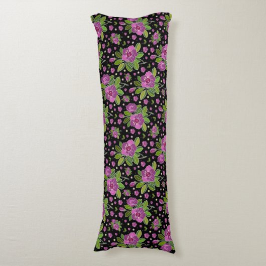 Floral Pattern Lilac Pink Green Black ボディピロー (正面縦)