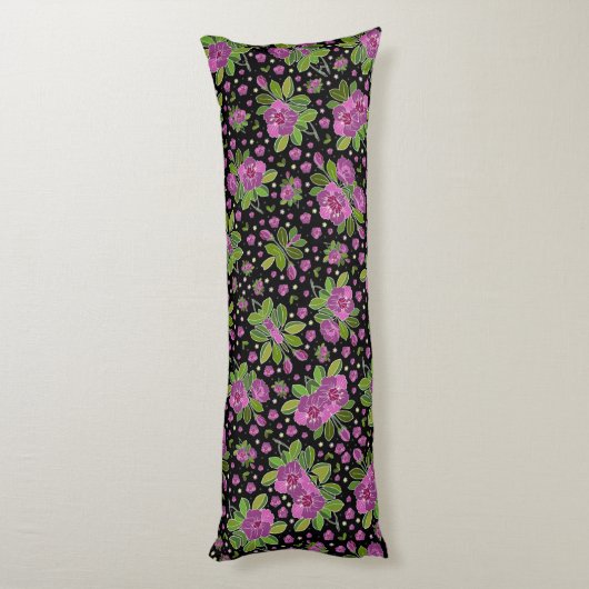 Floral Pattern Lilac Pink Green Black ボディピロー (裏面 (縦))