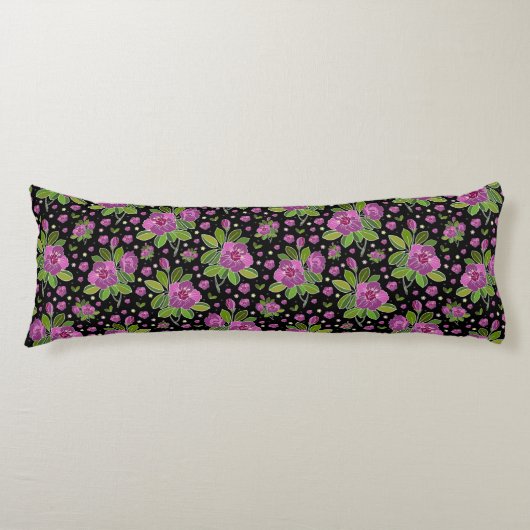 Floral Pattern Lilac Pink Green Black ボディピロー (正面)