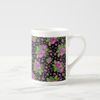 Floral Pattern Lilac Pink Green Black ボーンチャイナマグカップ