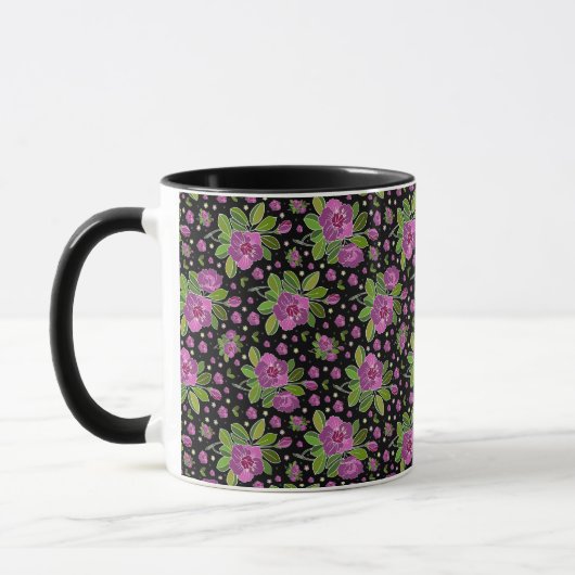 Floral Pattern Lilac Pink Green Black マグカップ (左)