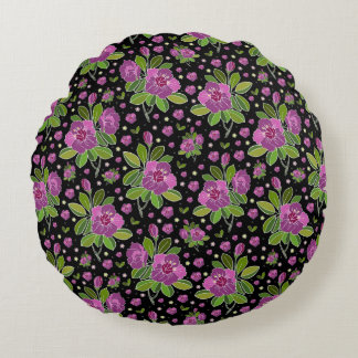Floral Pattern Lilac Pink Green Black ラウンドクッション