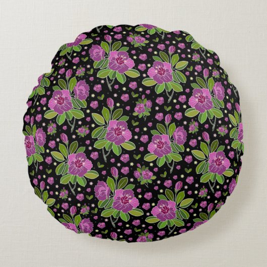 Floral Pattern Lilac Pink Green Black ラウンドクッション (正面)