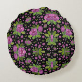Floral Pattern Lilac Pink Green Black ラウンドクッション (裏面)