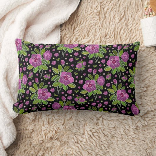 Floral Pattern Lilac Pink Green Black ランバークッション (ブランケット)