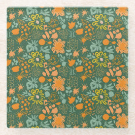 Floral pattern on a dark green background  ガラスコースター