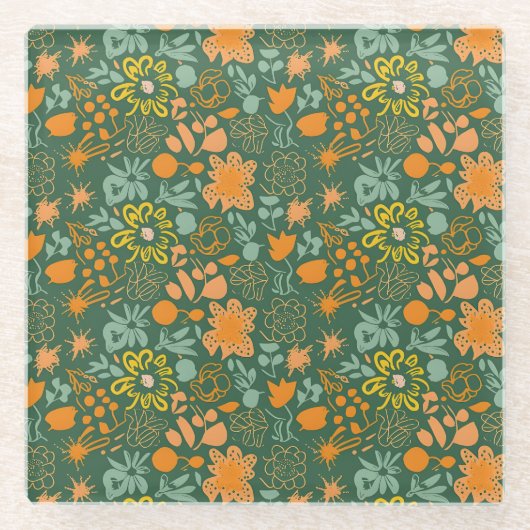 Floral pattern on a dark green background  ガラスコースター (正面)