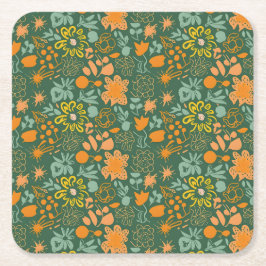Floral pattern on a dark green background  スクエアペーパーコースター