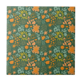 Floral pattern on a dark green background  タイル