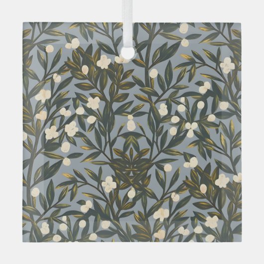 Floral pattern on  dusty blue-gray background ガラスオーナメント (正面)