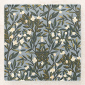 Floral pattern on  dusty blue-gray background ガラスコースター (正面)