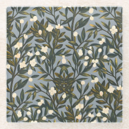 Floral pattern on  dusty blue-gray background ガラスコースター