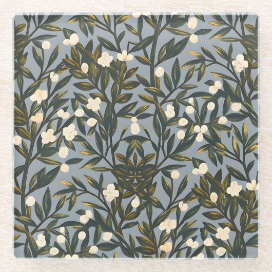 Floral pattern on  dusty blue-gray background ガラスコースター (正面)