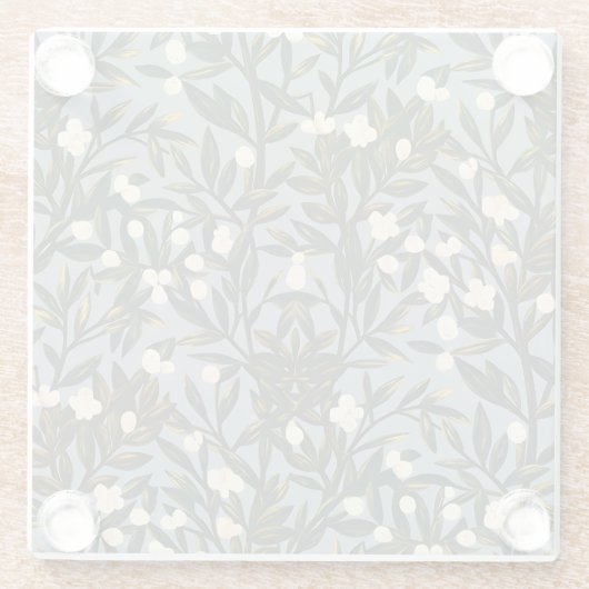 Floral pattern on  dusty blue-gray background ガラスコースター (裏面)