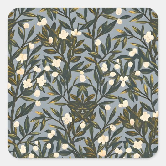 Floral pattern on  dusty blue-gray background スクエアシール (正面)