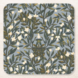 Floral pattern on  dusty blue-gray background スクエアペーパーコースター