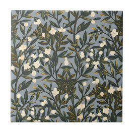 Floral pattern on  dusty blue-gray background タイル
