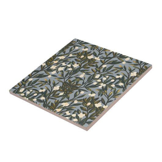 Floral pattern on  dusty blue-gray background タイル (側面)