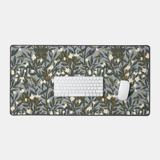Floral pattern on  dusty blue-gray background デスクマット (キーボード&マウス)