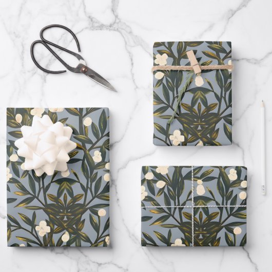 Floral pattern on dusty blue-gray background ラッピングペーパーシート (正面)