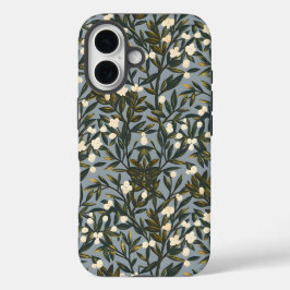 Floral pattern on  dusty blue-gray background iPhone 16ケース