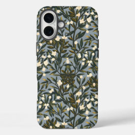 Floral pattern on  dusty blue-gray background iPhone 16 plusケース
