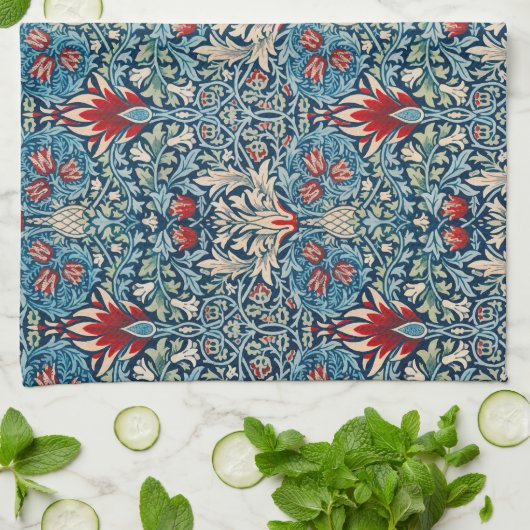 Floral pattern on green leaves blue background キッチンタオル (折り畳み)
