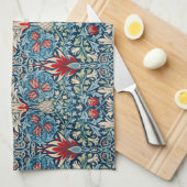 Floral pattern on green leaves blue background キッチンタオル (四つ折り)