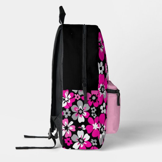Floral Pattern Pink Grey White Black  プリントバックパック (左)