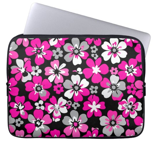 Floral Pattern Pink Grey White Black  ラップトップスリーブ (正面)