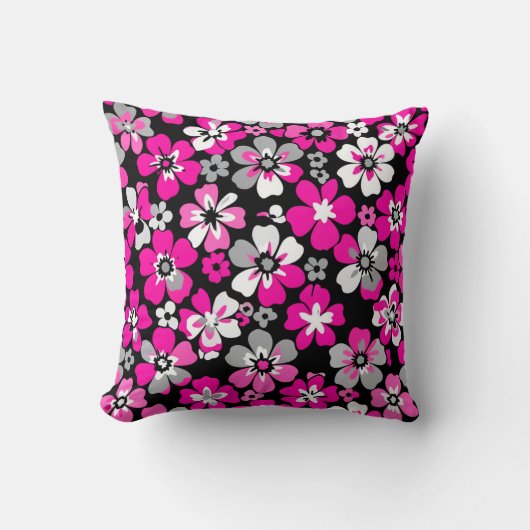 Floral Pattern Pink Grey White Black Cushion クッション (正面)