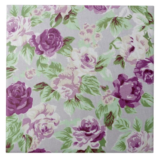 Floral Pattern Purple Flowers Green Foliage タイル (正面)