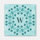 Floral Pattern, Teal Blue Initial マグネット (正面)