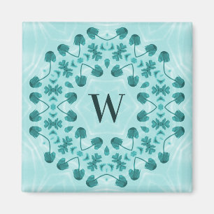 Floral Pattern, Teal Blue Initial マグネット
