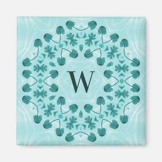 Floral Pattern, Teal Blue Initial マグネット (正面)