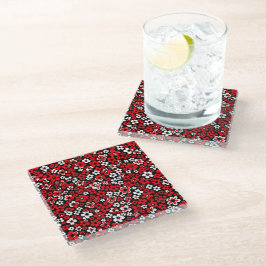 Floral Pattern White and Red Coaster ガラスコースター