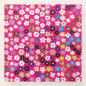 Floral Pattern White Pink Yellow ガラスコースター (正面)