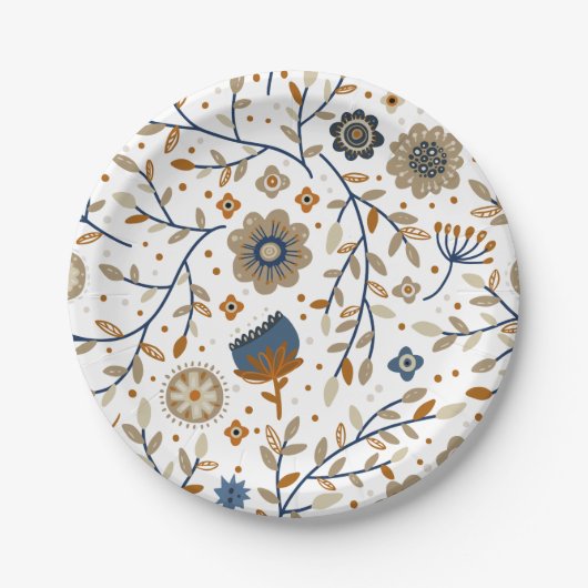 Floral pattern with blue and orange flowers ペーパープレート (正面)